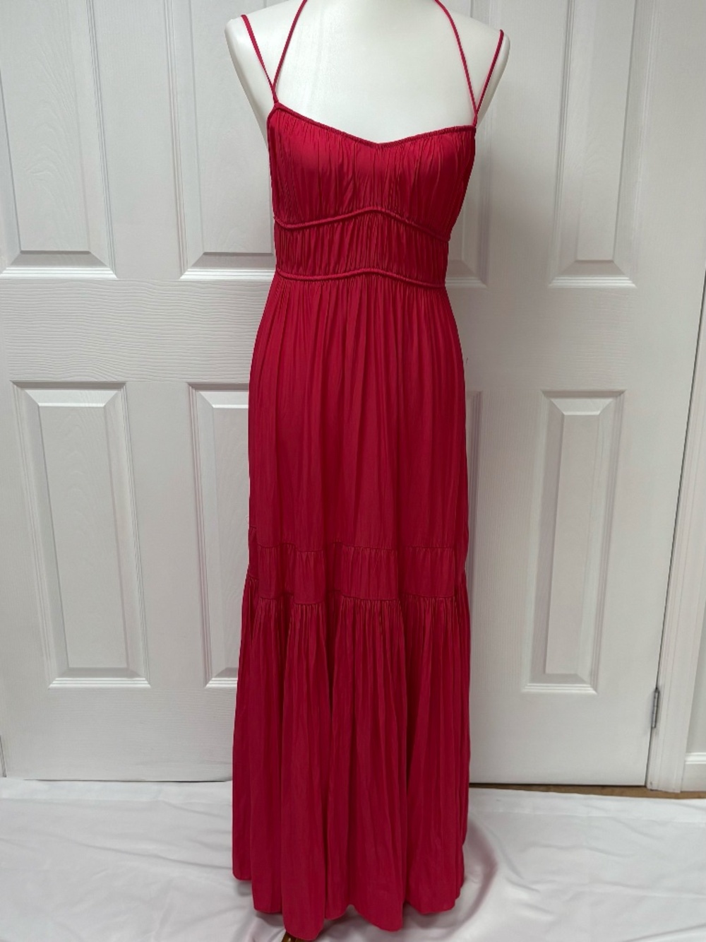Unsubscribed Cranberry Red Crinkled Ruched Maxi Dress - Size XS. - Picture 2 of 16